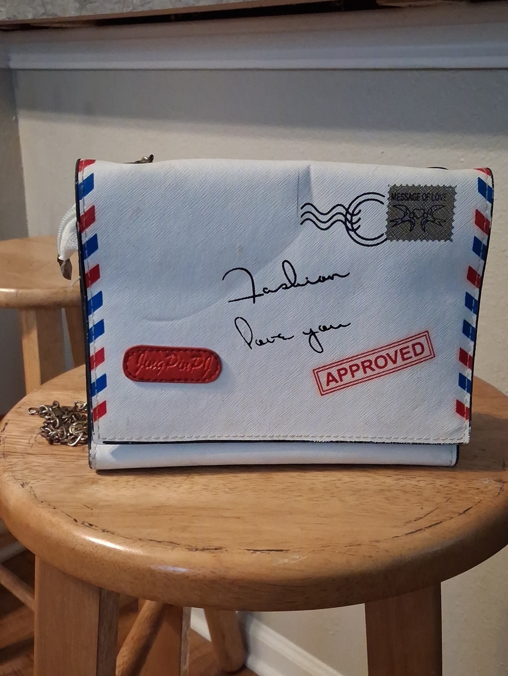 White Mailbox-Print Crossbody Bag with Red Accent